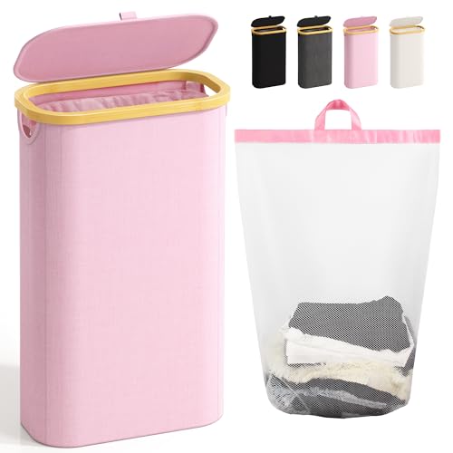 Bathola 75L Slim Laundry Hamper with Lid, Dirty Clothes Hampers for Laundry, Collapsible Laundry Baskets for Small Spaces, Bedroom, Bathroom, Laundry Room, Pink - color: Pink, size: 75L