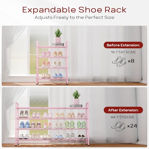 Bumusty 4-Tier Long Expandable Shoe Rack for Closet, 18"-44" Adjustable Shoe Rack for Entryway, 20-24Pairs Large Shoe Organizer Shelf Storage, Sturdy Metal, Black - color: Pink, size: 4-Tier