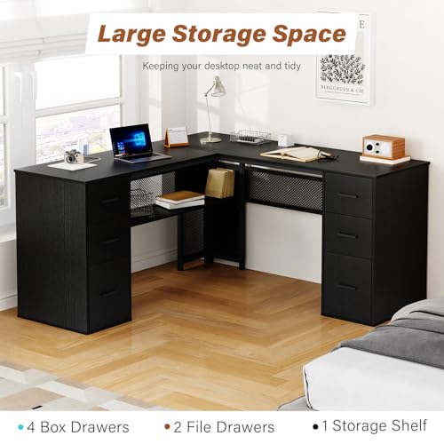 HSH Black L Shaped Desk with File Drawers Shelves, Reversible Corner Metal Wood Computer Desk with Storage Cabinet, Modern Large Executive Work Writing Study Table for Home Office Bedroom, 59 Inch - color: Black Oak