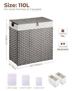 Greenstell Laundry Hamper with lid, No Install Needed, 110L Wicker Laundry Baskets Foldable 2 Removable Liner Bags, 2 Section Clothes Hamper Handwoven Rattan Laundry Basket with Handles, Gray - color: Gray, size: 110L (22.2x13.3x24.0 Inches)