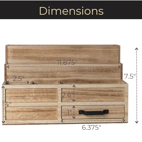BLU MONACO | Natural Wood Mail Organizer with Drawer & Pen Holder | Rustic Desk Organizer for Bills, Letters & Countertop Storage | Wooden Desktop Mail Sorter for Home & Kitchen - color: Natural Wood