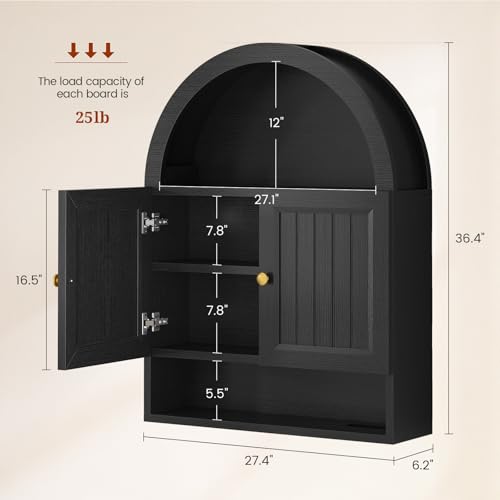 UPOSOJA Arched Bathroom Wall Cabinet, 27.4 x 36.4'' Over The Toilet Cabinet with Grille Door, Adjustable Shelf, Wall Mounted Cabinets for Bathroom Laundry Room Kitchen (Black, 36IN) - color: Black, size: 36IN