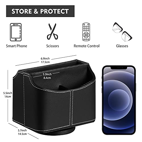Leather 360° Spinning Remote Control Holder, Pencil Pen Holder for Desk Table Nightstand, TV Remote Caddy Organizer, Black Office Decor and Accessories, Storage Box for Phone,Media Player Controllers - color: Black
