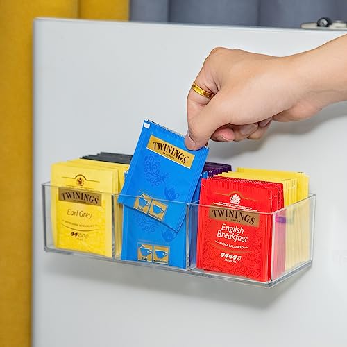 Tea Bag Organizer Holds up to 60 Tea Bags, Tea with 3 Compartments, Adhesive Wall Mount Tea Box Strong Tea bag Holder Hooks for Storage Cabinet and Kitchen Pantry Doors Transparent