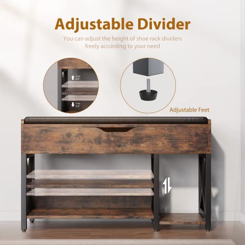 Shoe Bench, Lift Top Shoe Storage Bench, Adjustable Shelf Entryway Bench, Metal and Wood Shoe Rack Organizer with Cushion for Entry, Bedroom, Closet, Living Room, Hallway (Brown, 35.5“W) - color: Brown, size: 35.5“W