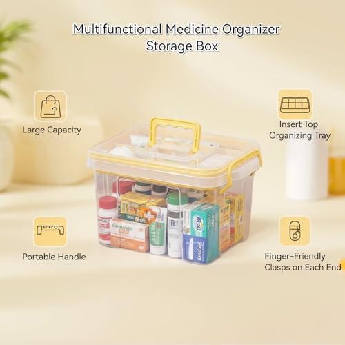 Pulseplay Clear Medicine Storage Box with Handle Portable Medicine Cabinet Organizer Multipurpose Plastic Storage Box with Removeable Tray for Home Office Travel Outdoor (Yellow) - color: Yellow