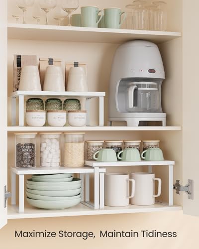 SONGMICS Cabinet Organizer Shelf, Set of 3 Kitchen Counter Shelves, Kitchen Storage, Spice Rack, Stackable, Expandable, Snow White and Matte White UKCS220W01 - color: Snow White + Matte White