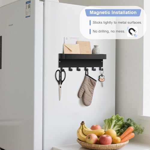 RELBRO Magnetic Key Holder for Fridge, Metal Wall Mount Key Rack with Shelf, 6 Hooks, 2 Installation Options, Black - color: Black