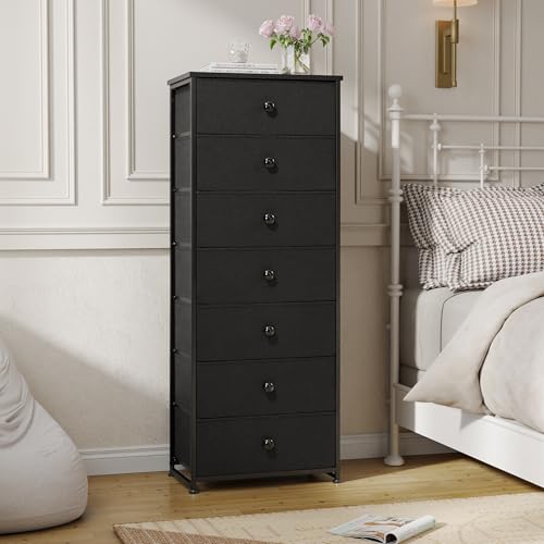 Crestlive Products Tall Dresser, 7-Drawer Fabric Storage Tower, Chests of Drawers - Vertical Organizer Unit for Bedroom, Hallway, Entryway, Nursery, Closets - Steel Frame, Wood Top & Handles (Black) - color: Black, style: Narrow-7 Drawers