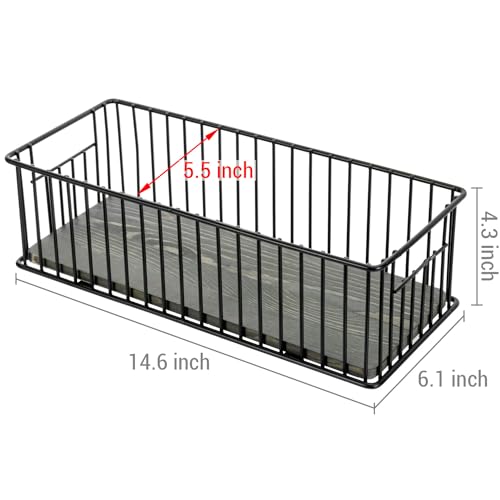 MyGift Modern Bathroom Storage Basket, Black Metal Wire Toilet Paper Holder with Vintage Gray Solid Wood Base, Toilet Tank Organizer Tray with Handles - color: Black / Vintage Gray