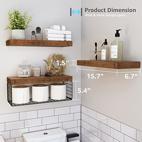 QEEIG Bathroom Shelves Over Toilet - Wall Mounted Floating Shelves Toilet Paper Storage Small Farmhouse Decor Shelf 16 inch Set of 3, Rustic Brown (019-BN3) - color: A. Brown, size: 3pcs