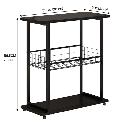 PROXRACER 3-Tier Narrow Side Table with Storage Shelf, Slim Skinny End Table with Wire Basket, Industrial Sofa Side Table for Small Spaces, for Living Room, Bedroom, Black - color: Black, size: No Fence