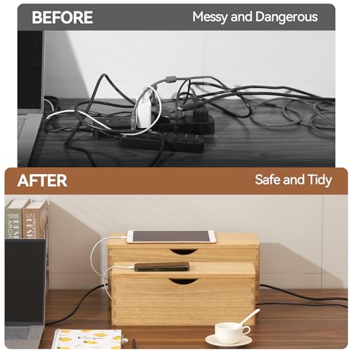 KIRIGEN Wooden Cable Management Box Set of 2 - Solid Wood Large & Small Cord Organizer Hides Power Strips, Chargers & Wires for Desk, TV Stand, Home Office DXH2T-NA - color: Natural