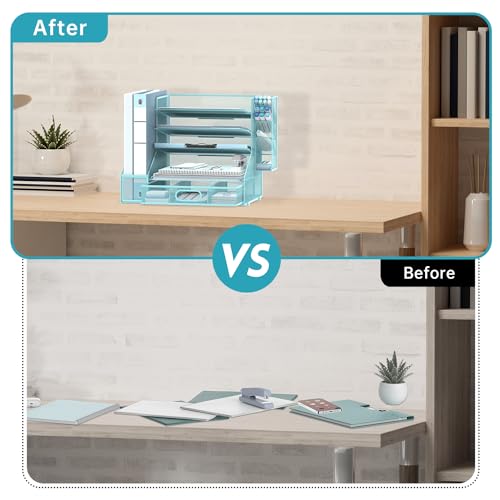 SUPEASY Desk Organizer with File Holder, 5-Tier Mesh Paper Letter Tray Organizer with Pen Holder and Drawer, Desktop Organizer and Storage with 3 Tilted File Sorter for Office Supplies, Blue - color: Blue
