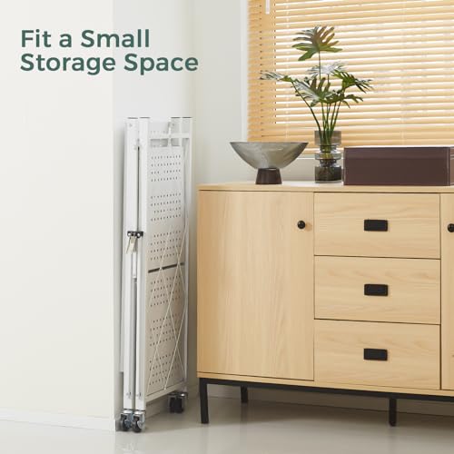 DEANIC 3 Tier Foldable Storage Shelves with Wheels, Kitchen Appliance Stand, Freestanding Metal Wire Shelf Rack, No Assembly Organizer Rolling Cart for Garage, Basement, Pantry(White) - color: White