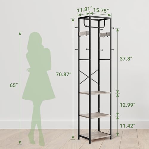 ELYKEN Coat Rack Freestanding, Hall Tree with 3 Storage Shelves and 12 Hooks, Industrial Clothes Rack Stand Organizer for Bedroom, Hallway, Entryway, Office, Living Room, Greige - color: Greige