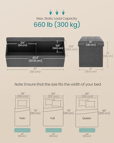 SONGMICS MAZIE Collection - 43 Inches Folding Storage Ottoman Bench, Ottoman Foot Rest, End of Bed Bench, Storage Chest, Load 660 lb, for Living Room, Bedroom, Entryway, Dark Gray ULSF77K - color: Dark Gray, size: 15"D x 43"W x 15"H