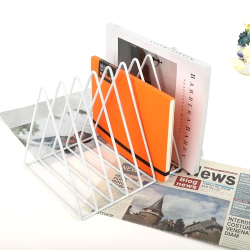 EASEPRES Vinyl Record Holder Storage, 9 Slot Metal Magazine Book Album Display Rack, Stylish Triangle Desktop File Sorter Organizer for Home Office, White Pack of 2 - color: 2 Pack White