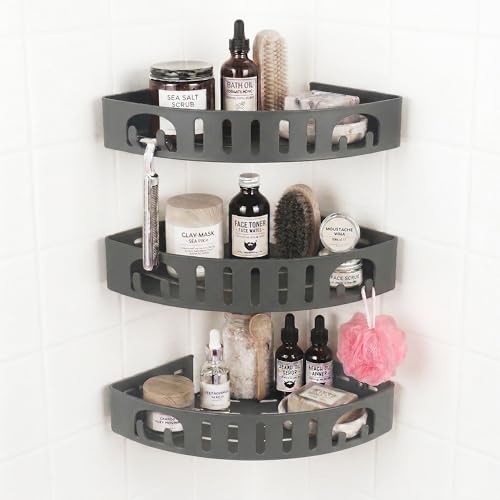 Adhesive Corner Shower Shelf No Drill | Rust-Proof Aluminum Alloy Stick On Bathroom Organizer with Shaving Holder for Shampoo, Conditioner, Soap, Razors Grey 3 Pack - color: Grey 3 Layers, size: 3 Layers