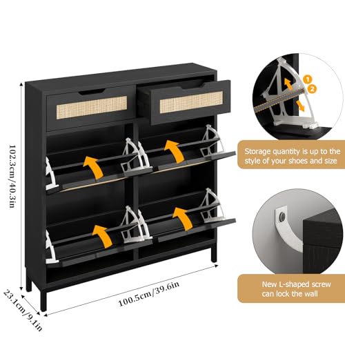 Jocoevol Rattan Shoe Cabinet for Entryway with 4 Flip Drawers and 2 Drawers, Narrow Freestanding Shoe Storage Cabinet with Metal Legs for Entryway/Hallway/Foyer (Black) - color: Black