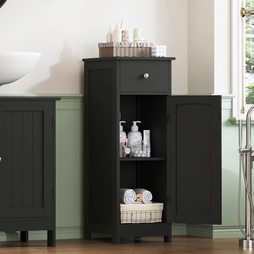 Iwell Bathroom Storage Cabinet, Small Bathroom Floor Cabinet with Drawer & Storage Shelf, Free-Standing Organizer Cabinets for Hallway/Living Room, Black - color: Black, 1 Drawers