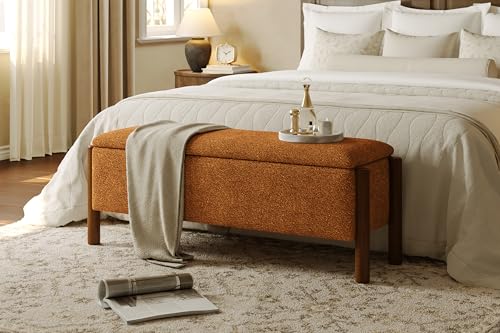 Modern Storage Benches with Walnut Wood Legs, 47'' Ottoman Bench with 20 Gallons Storage Space for Bedroom End of Bed, Fabric Upholstered Entryway Bench with Seating for Livingroom, Orange - color: Orange