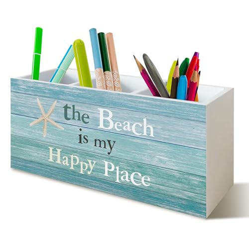 Beach Pen Holder for Home Office Kitchen Desk Decor, the Beach Is My Happy Place Wooden Pencil Holder Sign Organizer for Home Office Desk Accessories, Coastal Gifts for Women Men - color: turquoise