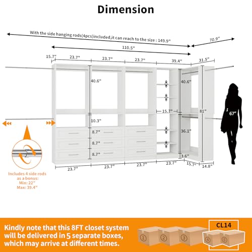 Closet System with 9 Drawers, Corner Closet Organizer Systems with 9 Shelves & 9 Hanging Rods L-Shaped Walk in Closet Freestanding Corner Tower Modular Storage System 4 Sets 2800+ Lbs Capacity White - color: 4 Sets - 110.5''