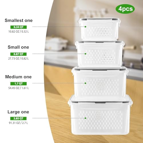 Freshmage Fruit Storage Containers for Fridge with Removable Colander, Airtight Food Storage Container, Dishwasher Safe Produce Saver for Refrigerator, Keep Berry Fruit Fresh Longer 4 pcs Small Clear - size: Small
