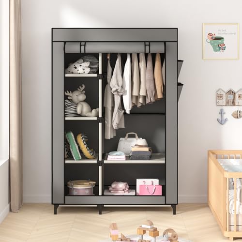 Calmootey Portable Closet Organizers, Clothing Storage, Wardrobe with 6 Shelves and Hanging Rod, Non-Woven Fabric Cover with 4 Side Pockets, Grey - color: Grey