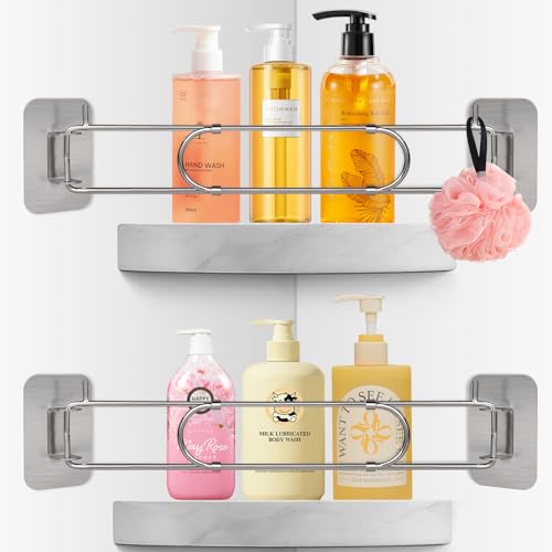 Sanchamy Upgraded RV Shower Corner Storage Bar Adjustable Stainless Steel RV Corner Storage Bar for Shower 7"-13" Rod with Rotatable Angle and Hook for Bathroom in RV/Camper/Travel Trailer-2 Packs