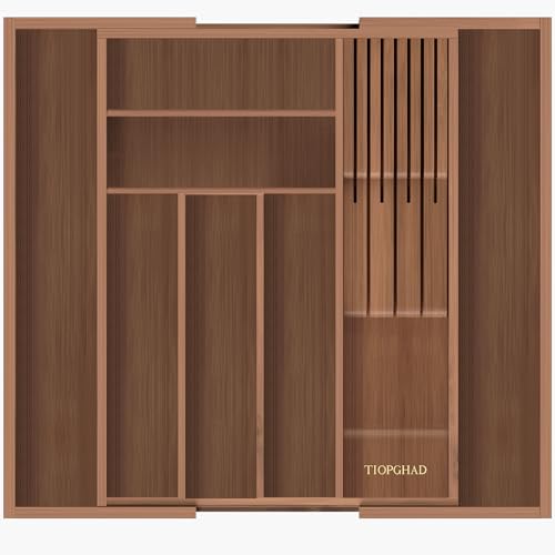 TIOPGHAD Bamboo-Silverware-Drawer-Organizer-Kitchen, Expandable Utensil Holder Cutlery Tray Flatware Organization Adjustable Wood Tableware Dividers Storage (with Removable Knife Block)(Brown) - color: Brown, size: Large