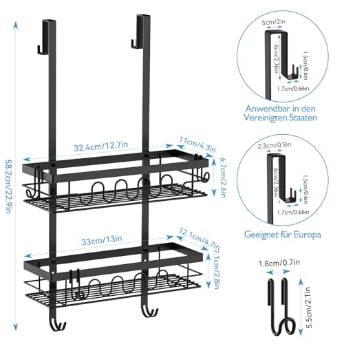 Over the Door Shower Caddy Hanging, Rustproof Hanging Shower Organizer for Glass Door, No Drilling Adjustable Shower Shelves for inside shower with 4+3 Hooks, Suitable for Kitchen/Bathroom/Balcony