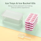 DOQAUS Ice Cube Tray with Lid and Bin - 4 Pack Silicone Ice Cube Trays for Freezer, Stackable Ice Bucket Kits with Storage Container & Scoop for Kitchen, RV, Cocktail, Coffee - color: Light Pink