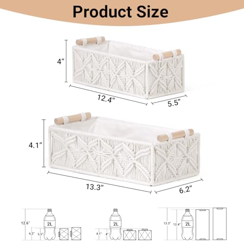 Nonam Macrame Storage Baskets, Boho Decor Style Woven Storage Boxes for Home Organization, Toilet Tank Shelf Cabinet Organizer Baskets,Set of 2 - White