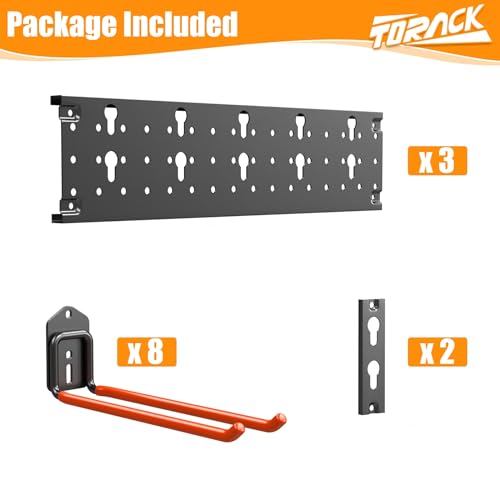 TORACK Garden Tool Organizer Wall Mounted, Garage Folding Chair Storage Rack, Tools Rack for Shovels, Rakes, Broom, Ladders, Hooks for Keyhole Style Shelving Unit(13 pcs) - style: 3 panels with 8 hooks