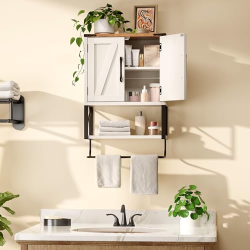 Bonnlo Wall Cabinet Farmhouse with Tower Bar Small Bathroom Medicine Cabinet Over Toilet Storage Organizer with Tower Bar Wall Mounted for Bathroom Kitchen Rustic White & Brown - size: Small - Farmhouse