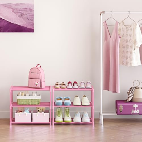 HITHIM 3-Tier Pink Shoe Racks for Women/Girls/Kids' Closet, Small Shoe Storage for 5-7 Pairs, Lightweight Stackable Shoe Shelf Organizer for Entryway, Front Door Entrance, Bedroom - color: Pink, size: 3-Tier