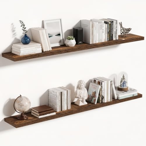 Vivelove 10 Inch Deep Floating Shelves 55 inch Long, 55 x 10 Wide Wall Shelves with Invisible Brackets, for Bedroom Bathroom Living Room Kitchen Office, Farmhouse Home Decor, Set of 2, Rustic Brown - color: Rustic Brown, size: 55”Wx10.2”Dx1.5”H