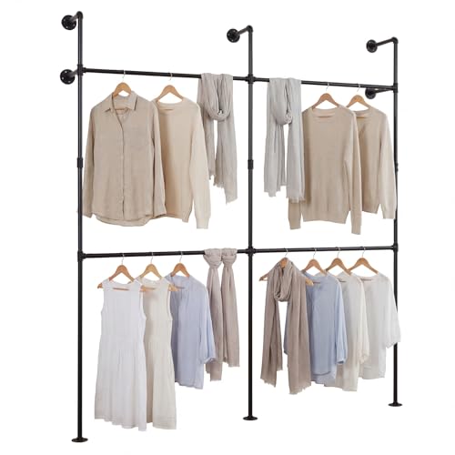 Giantex Industrial Pipe Clothing Rack, 79" Wall Mounted Heavy-Duty Metal Garment Organizer with 4 Hanging Rods, 2-Tier Walk-in Closet System for Wardrobe Closet, Retail Display - size: 79 Inches