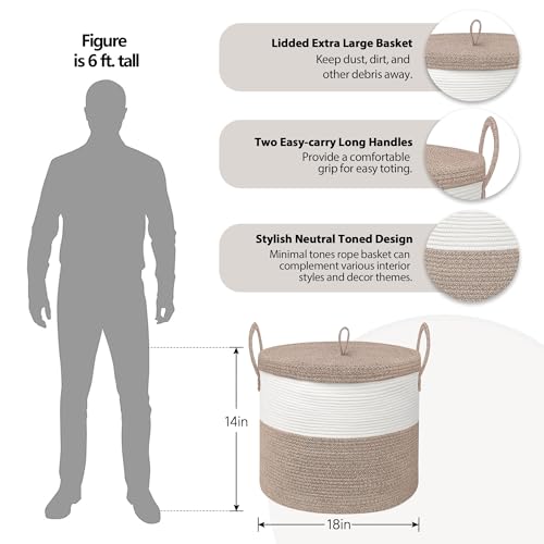 18" X18“ X 14" Large Storage Basket with Lid, Blanket Basket Living Room, Woven Cotton Rope Storage Box, Lidded Kids Dog Toy Bin, Wicker Laundry Basket, Blankets Pillows Organizer Holder - color: Brown/White