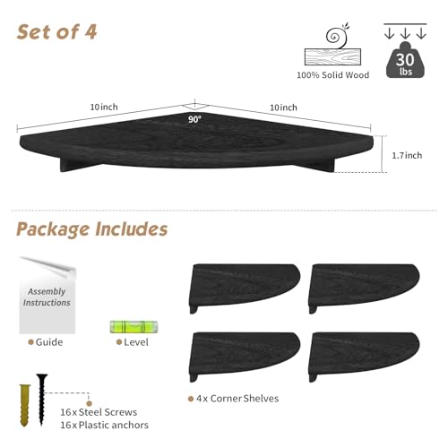 Forbena Black Corner Floating Shelves for Wall Set of 4, Small Rounded Corner Shelves Wall Mount for Bedroom Books, Mini Wood Hanging Corner Shelf for Bathroom Decor, Living Room, Small Spaces - color: 4. Black, size: 10" Depth