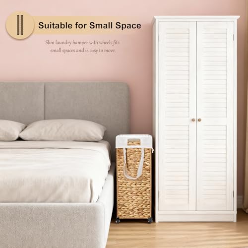 Rolling Laundry Hamper with Wheels, Slim Laundry Basket with Removable Liner Bag & 2 Mesh Bags, Handwoven Water Hyacinth Clothes Hamper for Bedroom Bathroom (Natural, 50L) - color: Natural/No Lid/50L