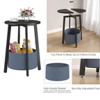 sthmec Small Round Side End Table with Cloth Storage Basket, Round Bedside Sofa Couch Coffee Tables for Small Places with Metal Frame, Modern Nighstands for Living Room Bedroom, Black - color: Black