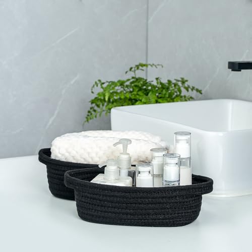 CubesLand Small Cotton Rope Storage Basket Set 5, Shelves Baskets for Organizing with Handle, Decorative Closet Storage Bins for Countertop Toilet Paper Basket for Toilet Tank Top,Black Basket - color: Black