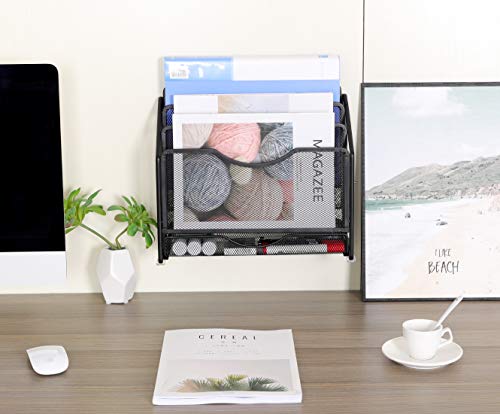 EasyPAG Mesh Desk Paper Organizer Wall Hanging File Holder with 3 Upright File Organizer and Sliding Drawer,Black - color: Black