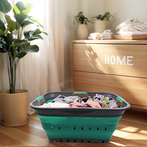 SAMMART 42L (11 gallon) Collapsible Plastic Laundry Basket - Foldable Pop Up Storage Container/Organizer - Space Saving Hamper/Basket (1, Grey/Turquoise Blue) - color: Grey/Turquoise Blue