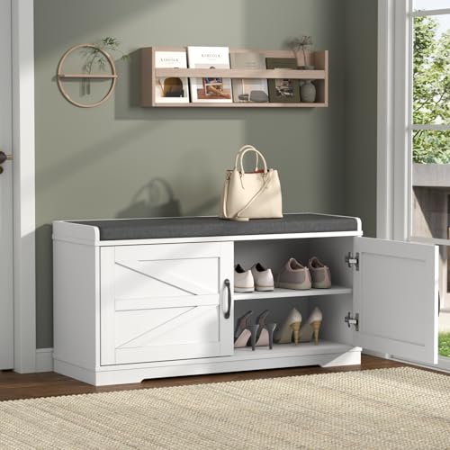 Loomie Shoe Storage Bench, 2-Tier Farmhouse Entryway Bench with Padded Seat Cushion, 13.78" D x 39.37" W x 19.69" H, Slim Shoe Cabinet Bench for Entryway, Living Room, Bedroom (White) - color: White