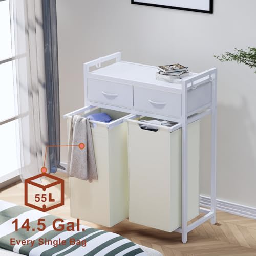 Timberer Laundry Hamper, Laundry Sorter 2 Section, Rolling Laundry Basket with Wheels, 2 Drawers, 2 × 14.5 Gal (55 L), Pull-Out and Removable Oxford Fabric Bags, White and Beige - color: White + Beige, size: 2 Bags (27.6"L x 12.9"W x 39.6"H)