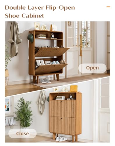 Fluted Shoe Cabinet with 2 Flip Drawers, Narrow Shoe Rack with Open Storage & Hooks, Freestanding Hidden Organizer Shoe Storage for Entryway, Hallway, Walnut